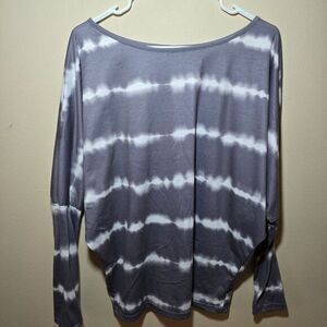 Boho Tie Dye Long‎ Sleeve Top Grey White Striped Pattern Casual Loose Fit Blouse